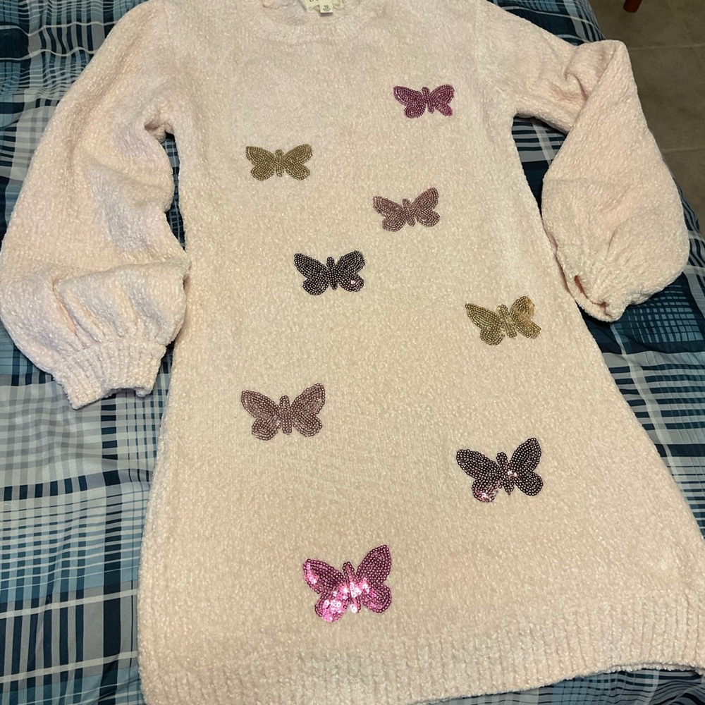 Butterfly Embellished Pink Sweater Dress